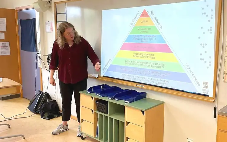 Stina Graad i ett klassrum. Hon visar våldspyramiden.